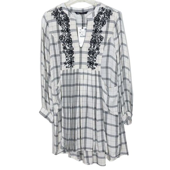 NWT Zara Off White Check Plaid Embroidered Dress Long Sleeve High Neck Pockets M - Picture 4 of 16